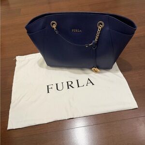 Furla Navy Julia Leather Tote with Gold Accents